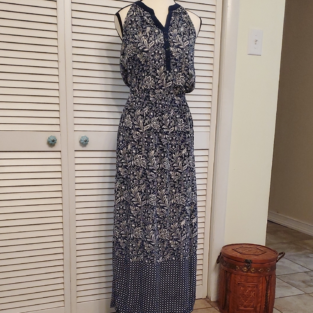 Old Navy Blue and White Halter Boho Maxi Dress, Size Medium
